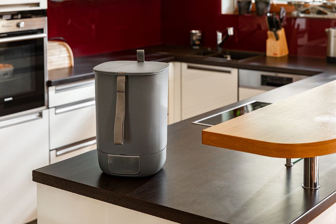 Bokashi Bucket in kitchen to turn food waste into feremented organic matter for composting