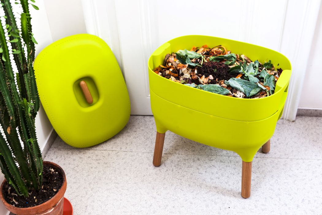 An image showing a worm compost bin and indoor plants, perfect for indoor gardening and composting in your home garden.