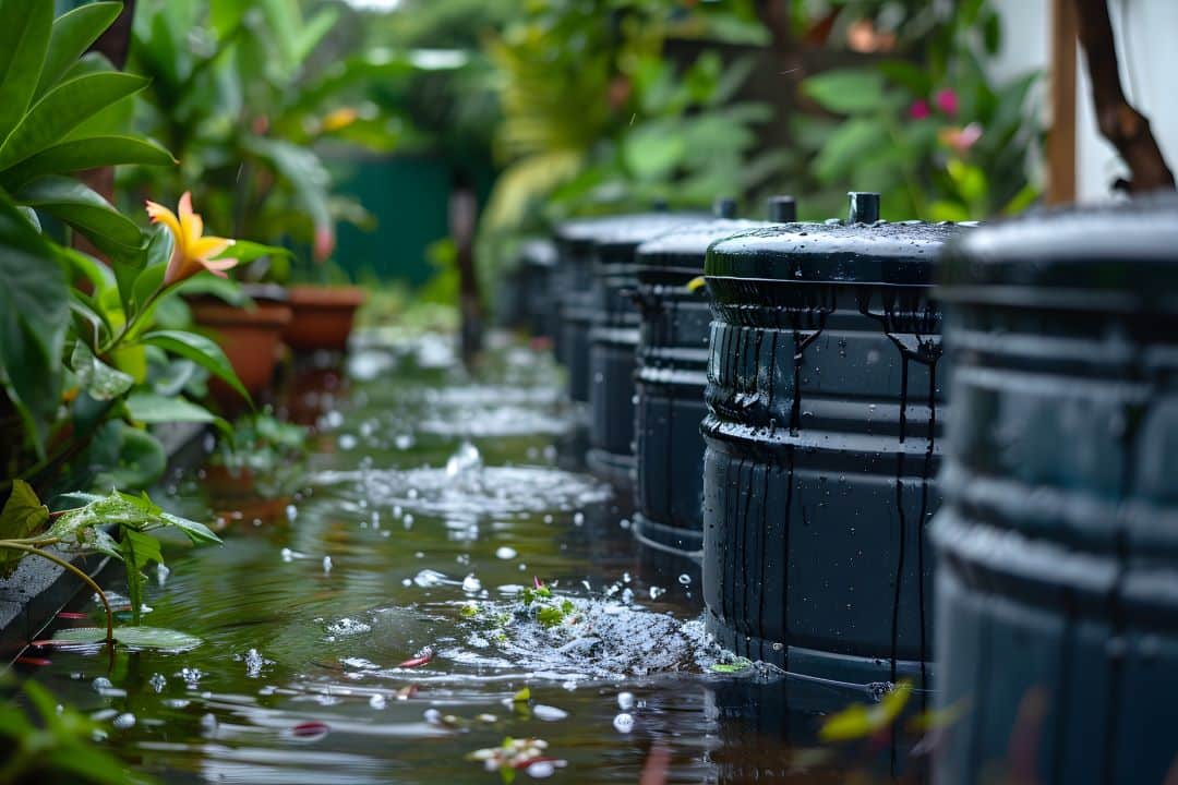 watterbuttts in garden collecting rain water for irrigation 